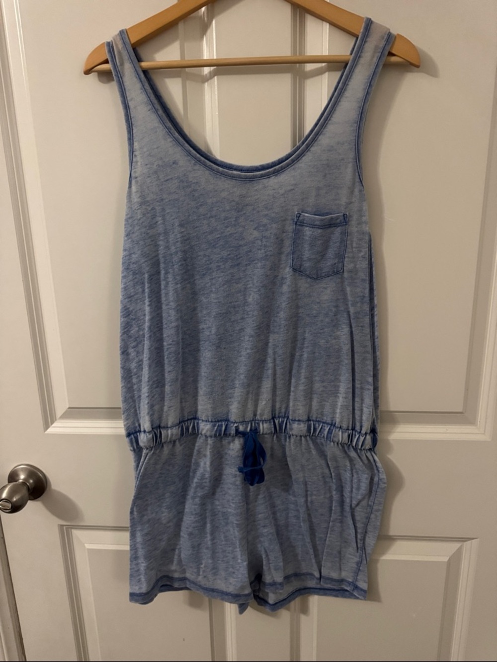 Casual Light Blue Tank Romper with Drawstring Waist
